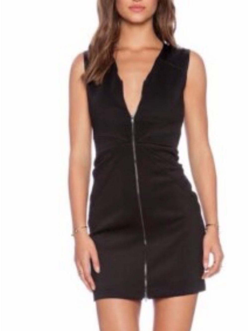 HUNTER BELL Black Sleeveless Zip-Front Leather Bodycon Mini Dress, Size XS